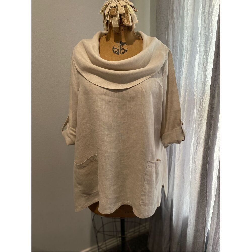 Ali Miles 100% linen cowl neck oatmeal color tunic front pockets side slits 3/4